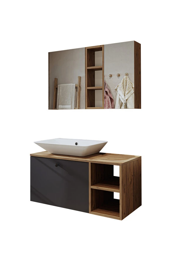 ROOMART Lavabolu Mdf 95 Cm Lotus Çekmeceli Banyo Dolabı + Aynalı Üst Dolabı - 7