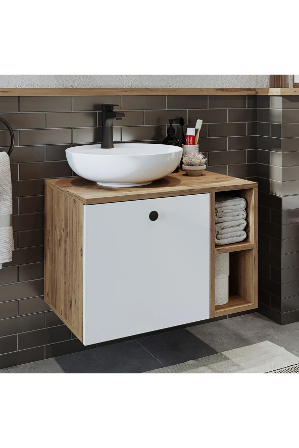 ROOMART Ayaksız Lavabolu Mdflam 65 Cm Çekmeceli Banyo Dolabı - 5