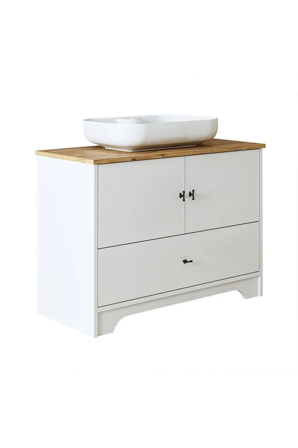 ROOMART Oval Lavabolu Ayaklı 2 Kapaklı Çekmeceli Mat Beyaz Mdf 100 Cm Banyo Dolabı - 7