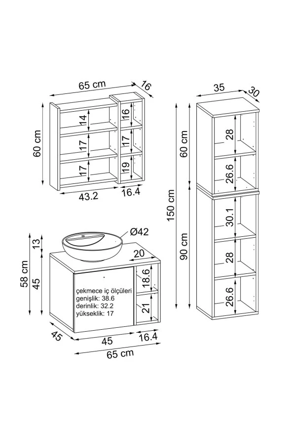 ROOMART Lavabolu Mdf 65 Cm Lotus Çekmeceli Banyo Dolabı + Aynalı Üst Dolabı + Banyo Boy Dolabı - 2
