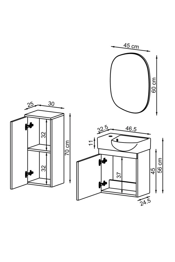 ROOMART Punto Ayaksız Tek Kapaklı Sol Lavabolu 46 Cm Banyo Alt Dolabı + Üst Ayna + Boy Dolabı - Resim 2