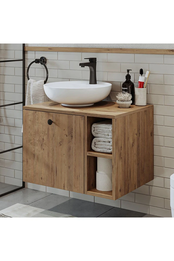 ROOMART Ayaksız Lavabolu Mdflam 65 Cm Çekmeceli Banyo Dolabı ürün görseli 1