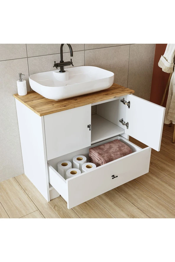 ROOMART Oval Lavabolu Mat Beyaz Mdf 80 Cm Çekmeceli Banyo Dolabı + Aynalı Üst Dolabı + 2 adet Boy Dolabı - Resim 6