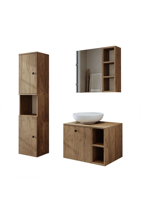 ROOMART Lavabolu Mdf 65 Cm Lotus Çekmeceli Banyo Dolabı + Aynalı Üst Dolabı + Banyo Boy Dolabı - 7