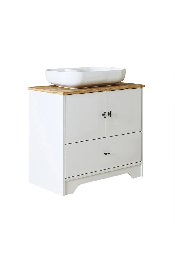 ROOMART Oval Lavabolu Ayaklı 2 Kapaklı Çekmeceli Mat Beyaz Mdf 80 Cm Banyo Dolabı - 7