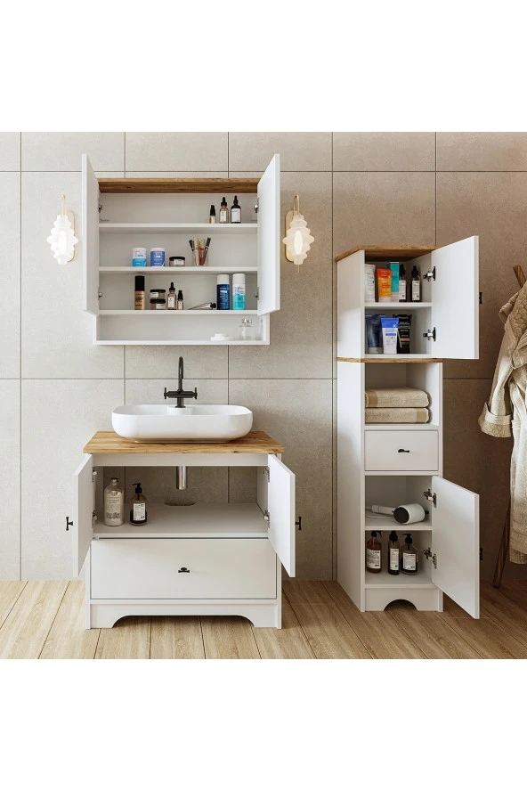 ROOMART Lavabolu Mat Beyaz Mdf 80 Cm Çekmeceli Banyo Dolabı + Aynalı Üst Dolabı + Boy Dolabı - 4