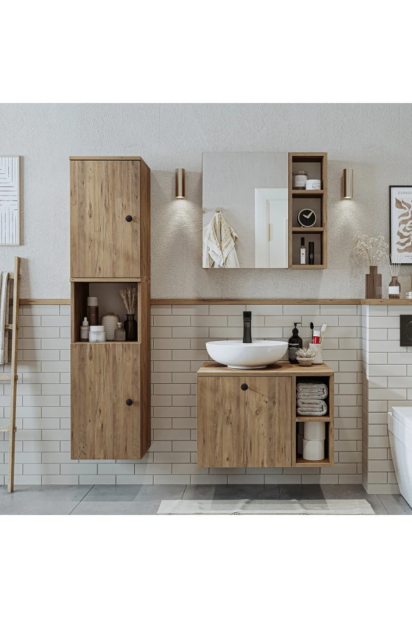 ROOMART Lavabolu Mdf 65 Cm Lotus Çekmeceli Banyo Dolabı + Aynalı Üst Dolabı + Banyo Boy Dolabı - 3