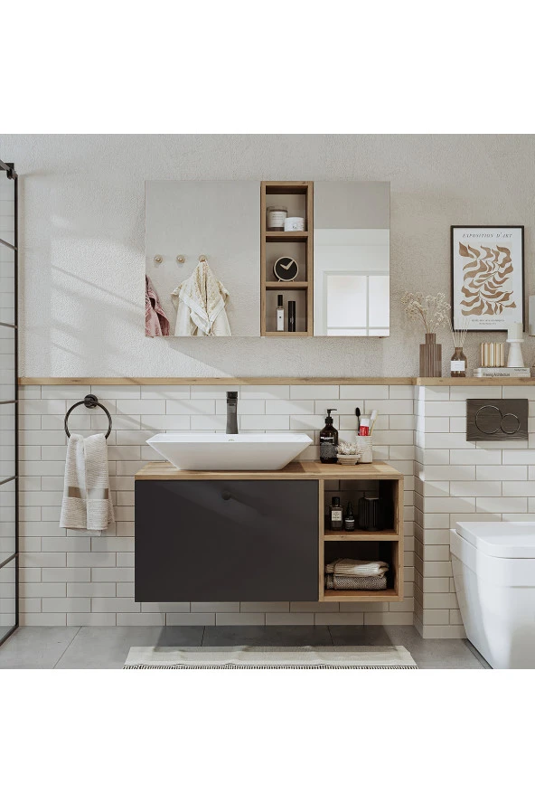 ROOMART Lavabolu Mdf 95 Cm Lotus Çekmeceli Banyo Dolabı + Aynalı Üst Dolabı - 3