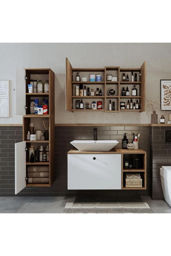 ROOMART Lavabolu Mdf 95 Cm Lotus Çekmeceli Banyo Dolabı + Aynalı Üst Dolabı + Banyo Boy Dolabı - 5