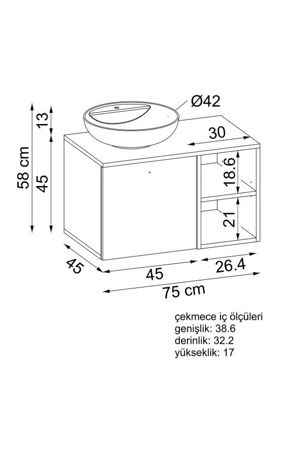 ROOMART Ayaksız Lavabolu Mdf 75 Cm Çekmeceli Banyo Dolabı - 4