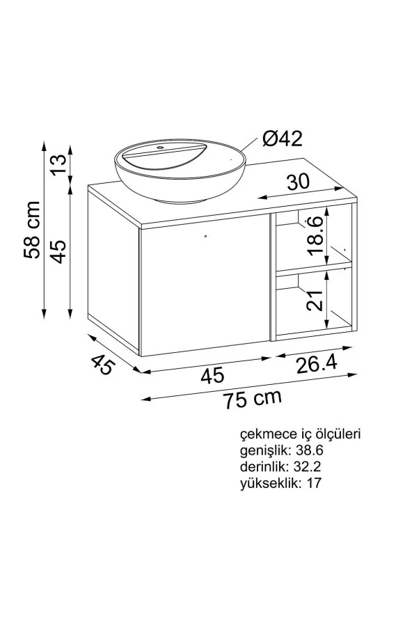 ROOMART Ayaksız Lavabolu Mdf 75 Cm Çekmeceli Banyo Dolabı - 2
