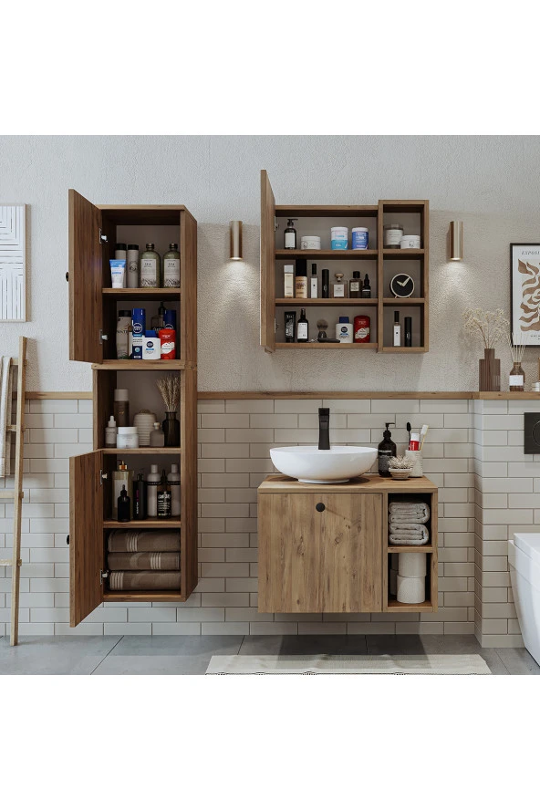 ROOMART Lavabolu Mdf 65 Cm Lotus Çekmeceli Banyo Dolabı + Aynalı Üst Dolabı + Banyo Boy Dolabı - 5