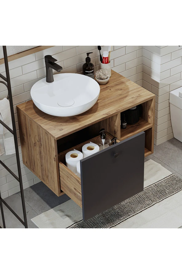 ROOMART Ayaksız Lavabolu Mdf 75 Cm Çekmeceli Banyo Dolabı - 5