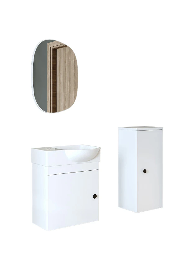 ROOMART Punto Ayaksız Tek Kapaklı Sol Lavabolu 46 Cm Banyo Alt Dolabı + Üst Ayna + Boy Dolabı - Resim 7