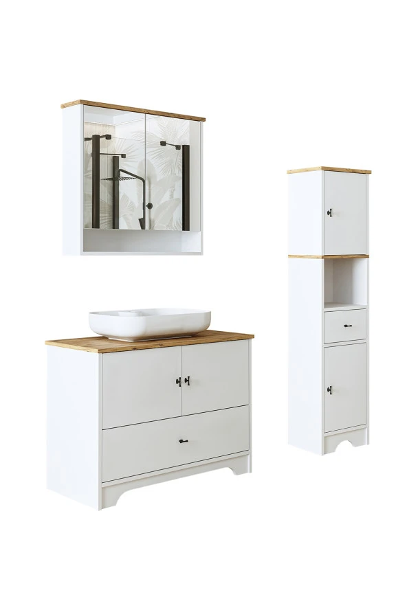 ROOMART Oval Lavabolu Mat Beyaz Mdf 100 Cm Çekmeceli Banyo Dolabı + Aynalı Üst Dolabı + Boy Dolabı - Resim 8