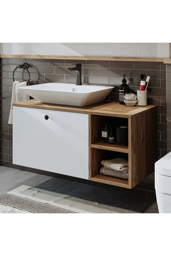 ROOMART Ayaksız Lavabolu Mdf 95 Cm Çekmeceli Banyo Dolabı