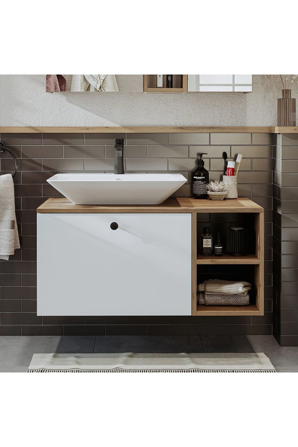 ROOMART Ayaksız Lavabolu Mdf 95 Cm Çekmeceli Banyo Dolabı - 3