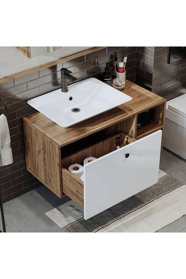 ROOMART Ayaksız Lavabolu Mdf 95 Cm Çekmeceli Banyo Dolabı - 4