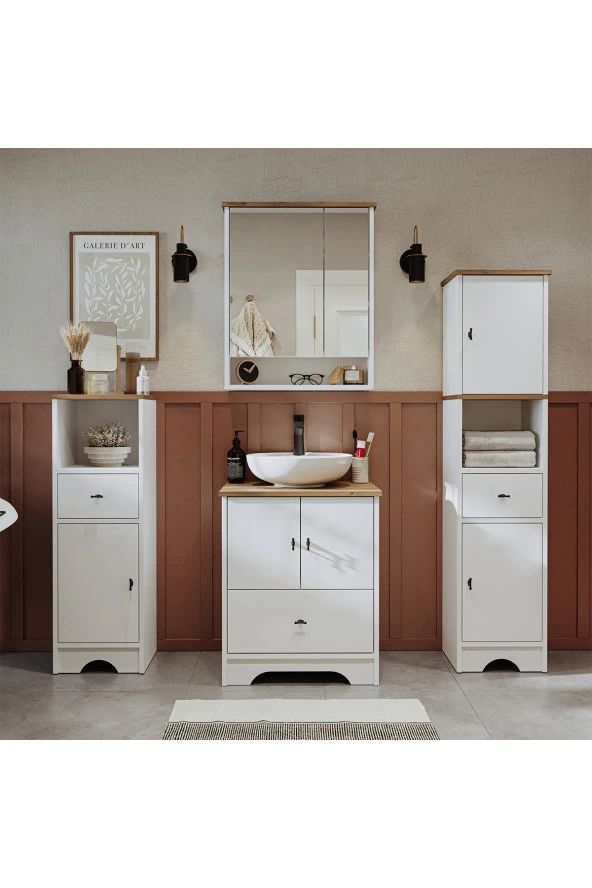 ROOMART Lavabolu Banyo Dolabı Mat Beyaz Mdf 60 Cm Çekmeceli Banyo Dolabı+Aynalı Üst Dolap+2 Adet Boy Dolap ürün görseli 1