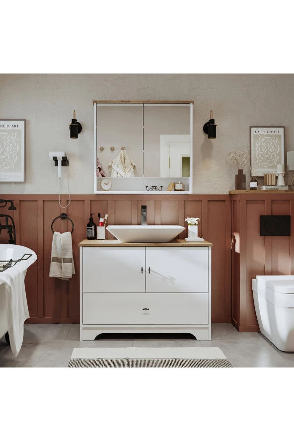 ROOMART Lavabolu Mat Beyaz Mdf 100 Cm Çekmeceli Banyo Dolabı + Aynalı Üst Dolabı