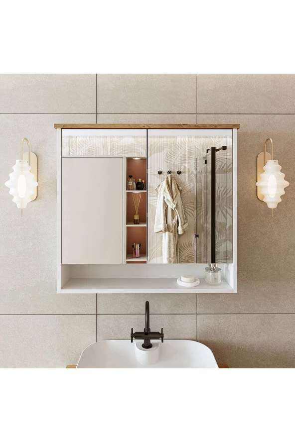 ROOMART Banos Banyo Kulpsuz 2 Kapaklı Mat Beyaz Mdf 82 Cm Aynalı Banyo Üst Dolabı