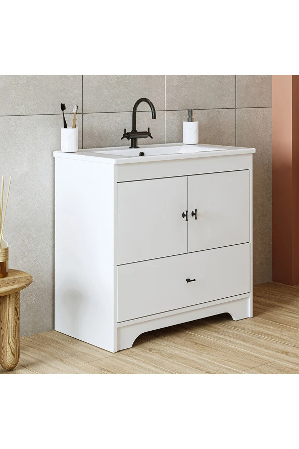 ROOMART Banos Banyo Ayaklı 2 Kapaklı Lavabolu Mat Beyaz Mdf 85 Cm Çekmeceli Banyo Dolabı