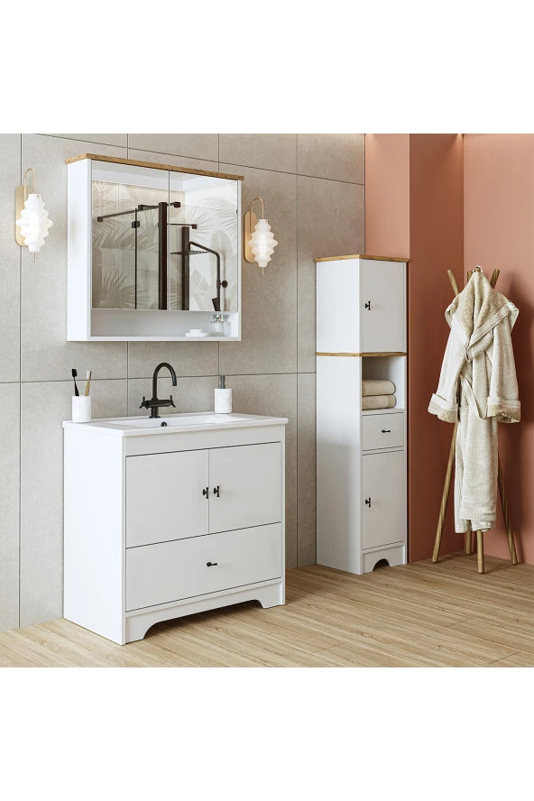 ROOMART Lavabolu Mat Beyaz Mdf 85 Cm Çekmeceli Banyo Dolabı Aynalı Banyo Üst Dolabı Boy Dolabı