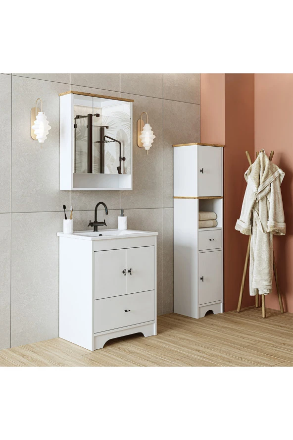 ROOMART Banos Banyo Lavabolu Mat Beyaz Mdf 65 Cm Çekmeceli Banyo Dolabı Aynalı Banyo Üst Dolabı Boy Dolabı