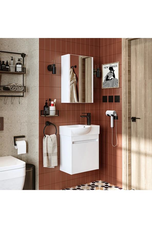 ROOMART Ayaksız Tek Kapaklı Sağ Lavabolu 46 Cm Banyo Alt Dolabı + Aynalı Üst Dolabı