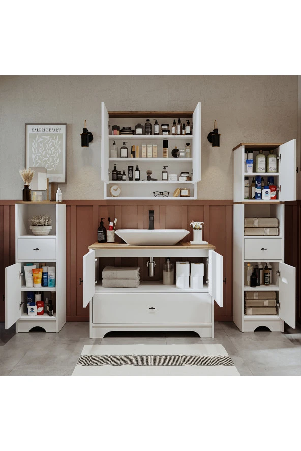 ROOMART Lavabolu Mat Beyaz Mdf 100 Cm Çekmeceli Banyo Dolabı + Aynalı Üst Dolabı + 2 adet Boy Dolabı - 3