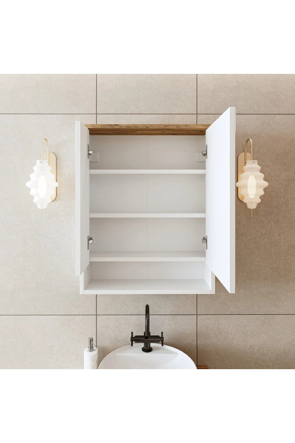 ROOMART Banos Banyo Kulpsuz 2 Kapaklı Mat Beyaz Mdf 62 Cm Aynalı Banyo Üst Dolabı - 3