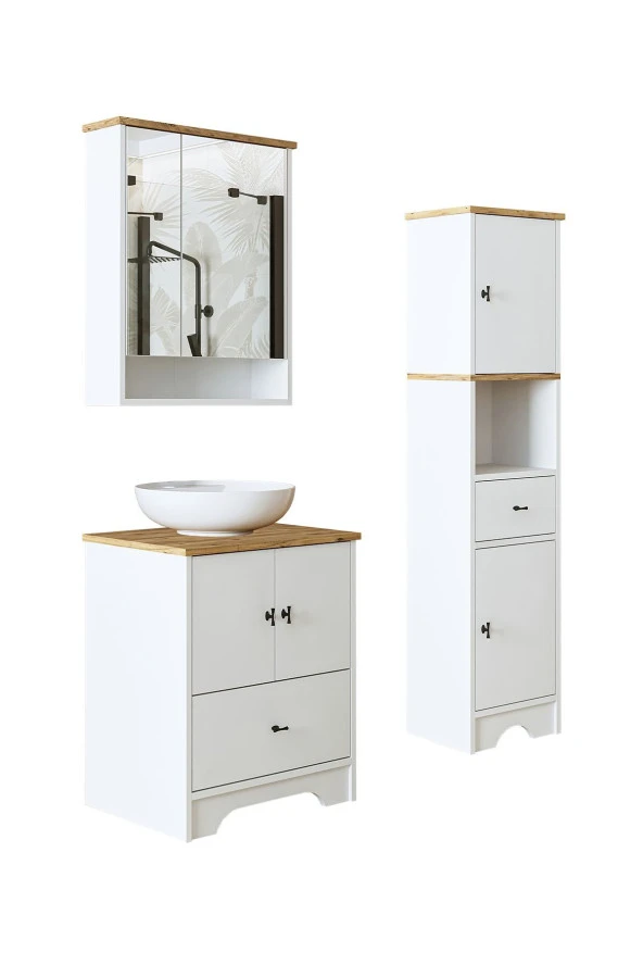 ROOMART Lavabolu Mat Beyaz Mdf 60 Cm Çekmeceli Banyo Dolabı + Aynalı Banyo Üst Dolabı + Boy Dolabı - 7