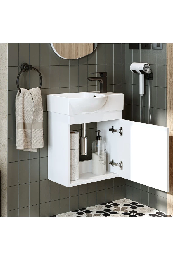 ROOMART Ayaksız Tek Kapaklı Sağ Lavabolu 46 Cm Banyo Alt Dolabı - 6