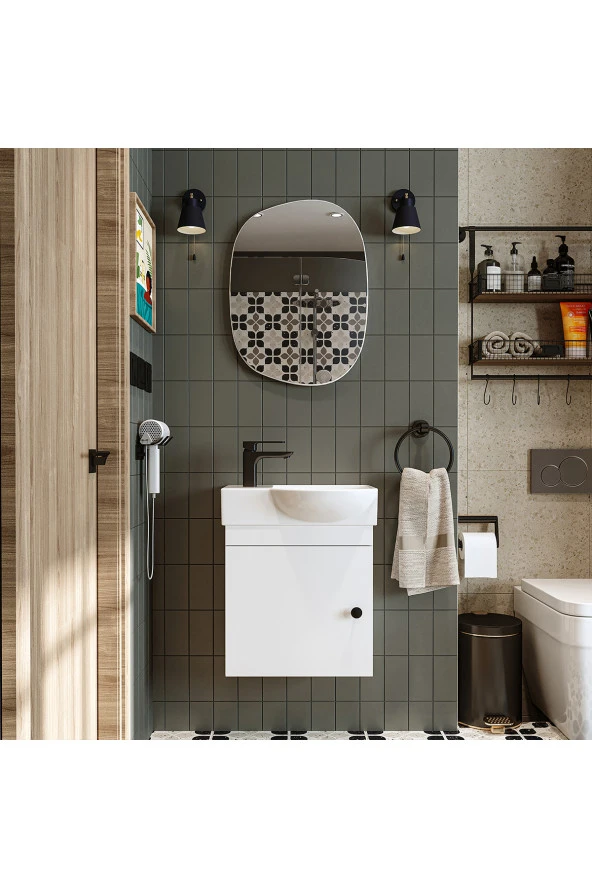 ROOMART Punto Ayaksız Tek Kapaklı Sol Lavabolu 46 Cm Banyo Alt Dolabı + Üst Ayna