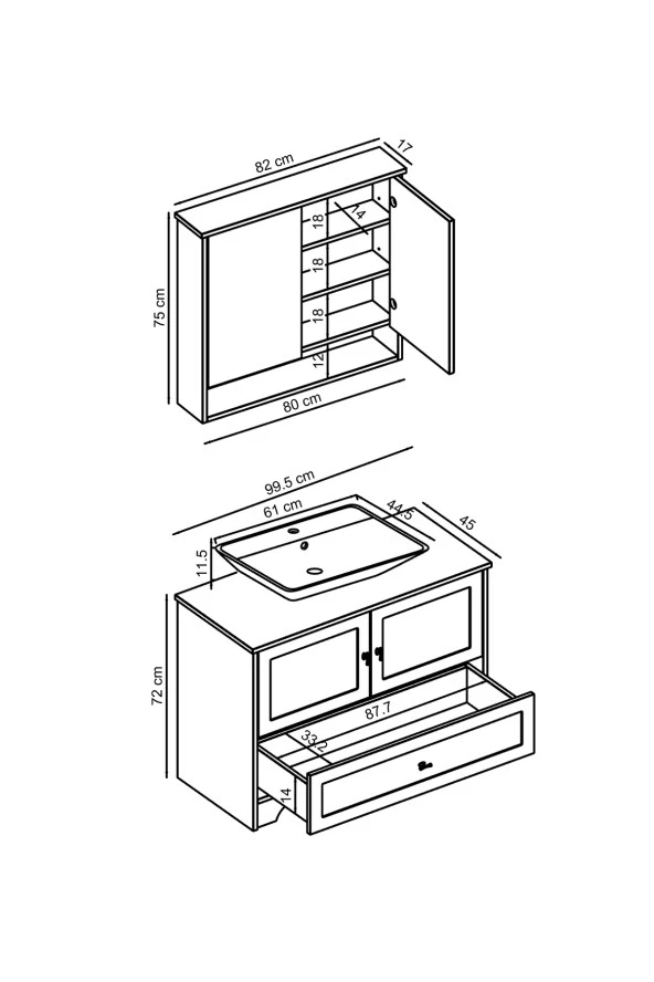 ROOMART Lavabolu Mat Beyaz Mdf 100 Cm Çekmeceli Banyo Dolabı + Aynalı Üst Dolabı - 2
