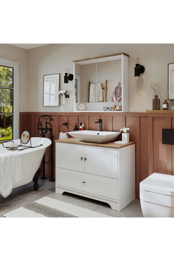 ROOMART Lavabolu Mat Beyaz Mdf 100 Cm Çekmeceli Banyo Dolabı + Aynalı Üst Dolabı - 4