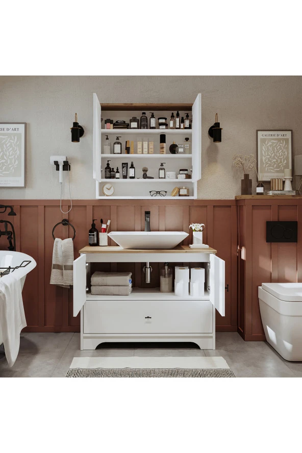 ROOMART Lavabolu Mat Beyaz Mdf 100 Cm Çekmeceli Banyo Dolabı + Aynalı Üst Dolabı - 5