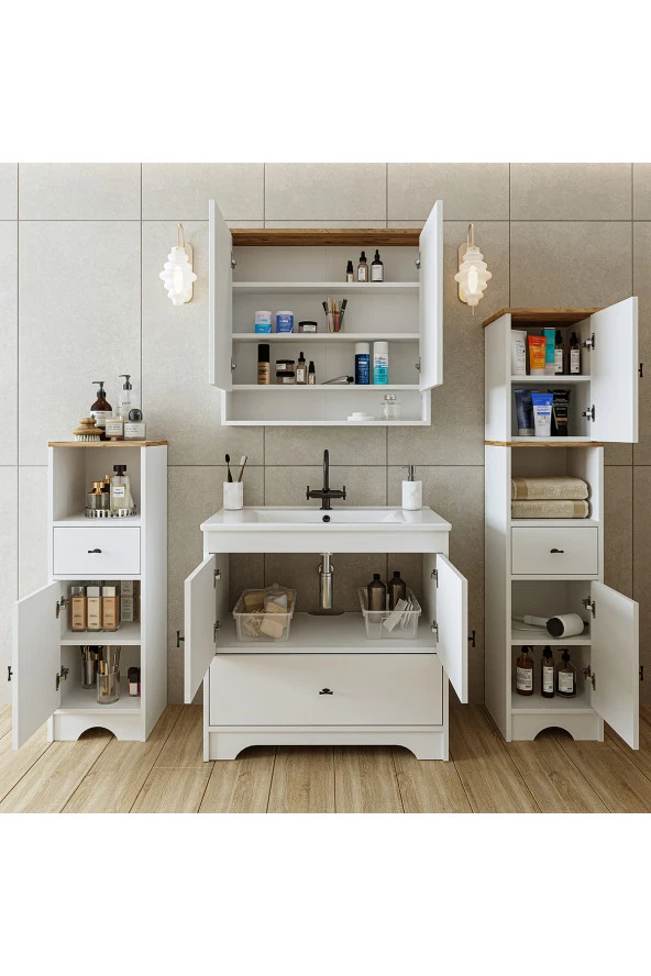 ROOMART Lavabolu Banyo Dolabı Mat Beyaz Mdf 85 Cm Çekmeceli Banyo Dolabı Aynalı Üst Dolap 2 Adet Boy Dolap