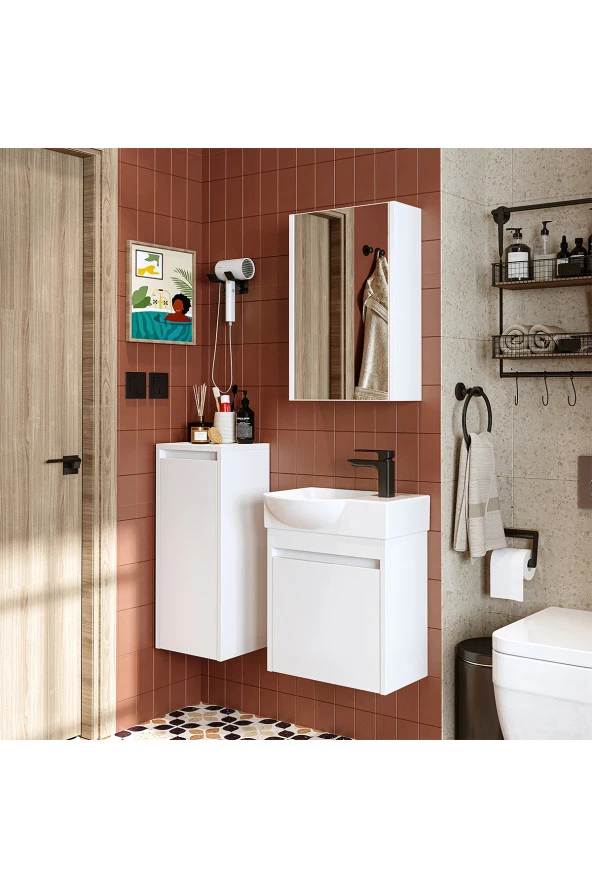 ROOMART Ayaksız Tek Kapaklı Sağ Lavabolu 46 Cm Banyo Alt Dolabı + Aynalı Üst Dolabı + Banyo Boy Dolabı