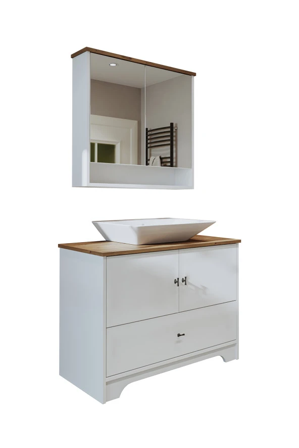 ROOMART Lavabolu Mat Beyaz Mdf 100 Cm Çekmeceli Banyo Dolabı + Aynalı Üst Dolabı - 7