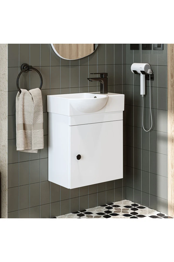 ROOMART Ayaksız Tek Kapaklı Sağ Lavabolu 46 Cm Banyo Alt Dolabı