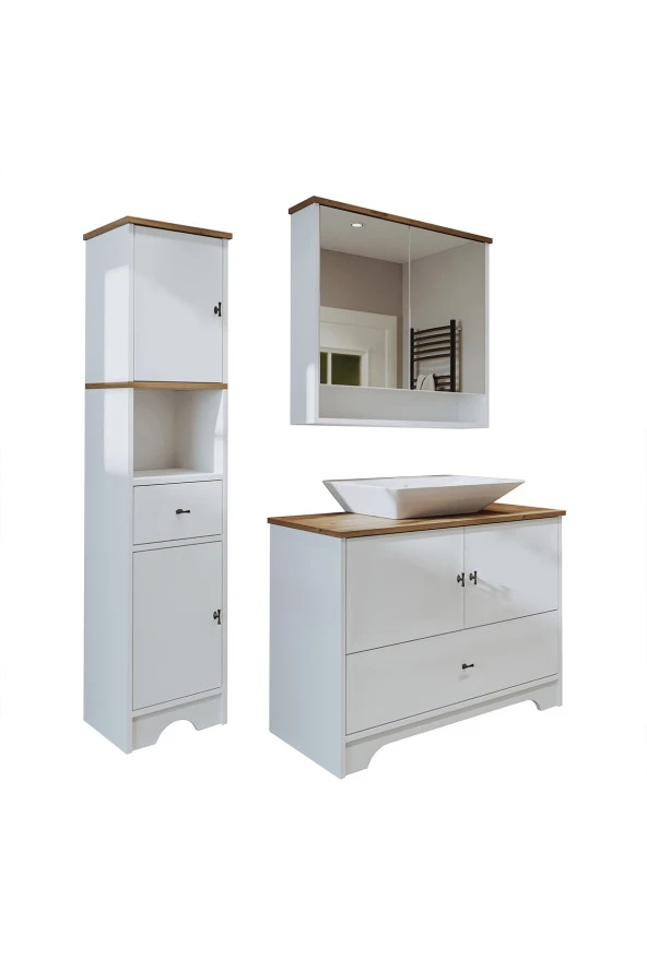 ROOMART Lavabolu Mat Beyaz Mdf 100 Cm Çekmeceli Banyo Dolabı + Aynalı Üst Dolabı + Boy Dolabı - Resim 7