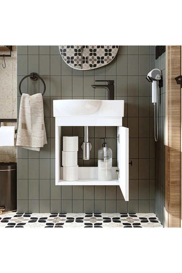 ROOMART Ayaksız Tek Kapaklı Sağ Lavabolu 46 Cm Banyo Alt Dolabı - 4