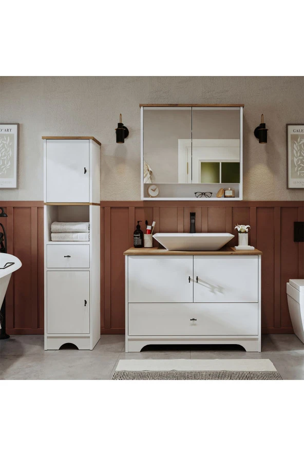 ROOMART Lavabolu Mat Beyaz Mdf 100 Cm Çekmeceli Banyo Dolabı + Aynalı Üst Dolabı + Boy Dolabı ürün görseli 1