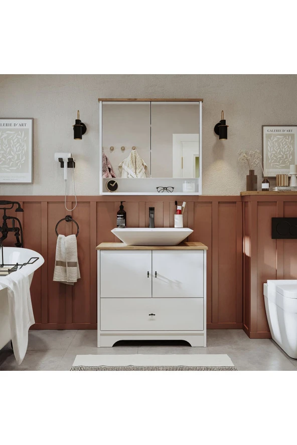 ROOMART Lavabolu Mat Beyaz Mdf 80 Cm Çekmeceli Banyo Dolabı + Aynalı Üst Dolabı