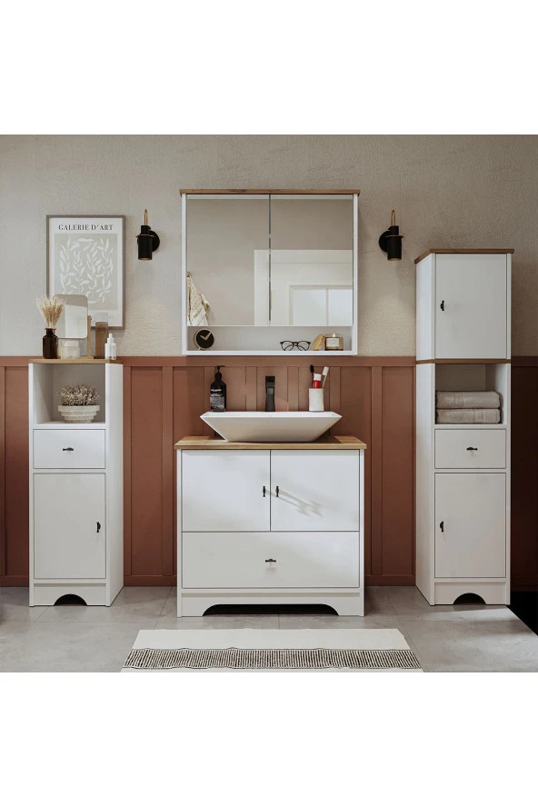 ROOMART Lavabolu Mat Beyaz Mdf 80 Cm Çekmeceli Banyo Dolabı + Aynalı Üst Dolabı + 2 adet Boy Dolabı