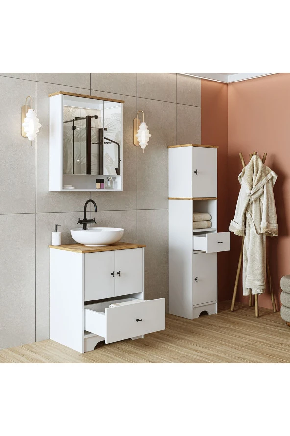 ROOMART Lavabolu Mat Beyaz Mdf 60 Cm Çekmeceli Banyo Dolabı + Aynalı Banyo Üst Dolabı + Boy Dolabı - 6