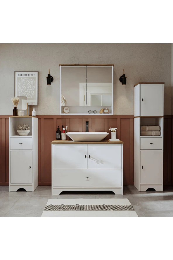 ROOMART Lavabolu Mat Beyaz Mdf 100 Cm Çekmeceli Banyo Dolabı + Aynalı Üst Dolabı + 2 adet Boy Dolabı