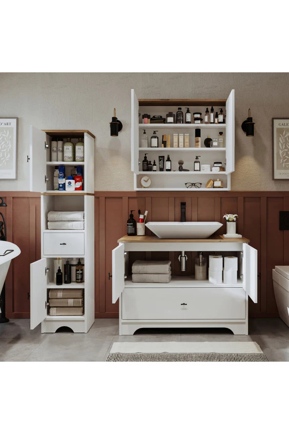 ROOMART Lavabolu Mat Beyaz Mdf 100 Cm Çekmeceli Banyo Dolabı + Aynalı Üst Dolabı + Boy Dolabı - Resim 3