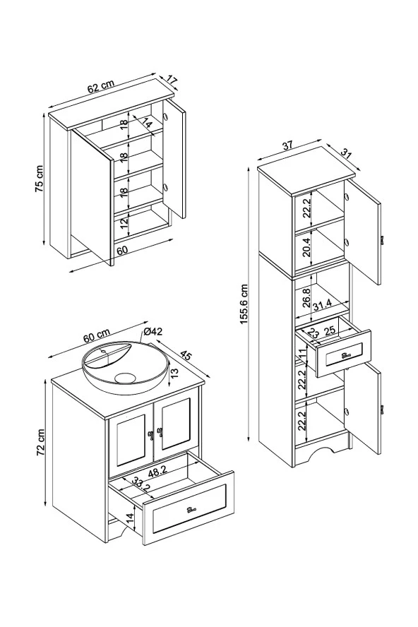 ROOMART Lavabolu Mat Beyaz Mdf 60 Cm Çekmeceli Banyo Dolabı + Aynalı Banyo Üst Dolabı + Boy Dolabı - 2